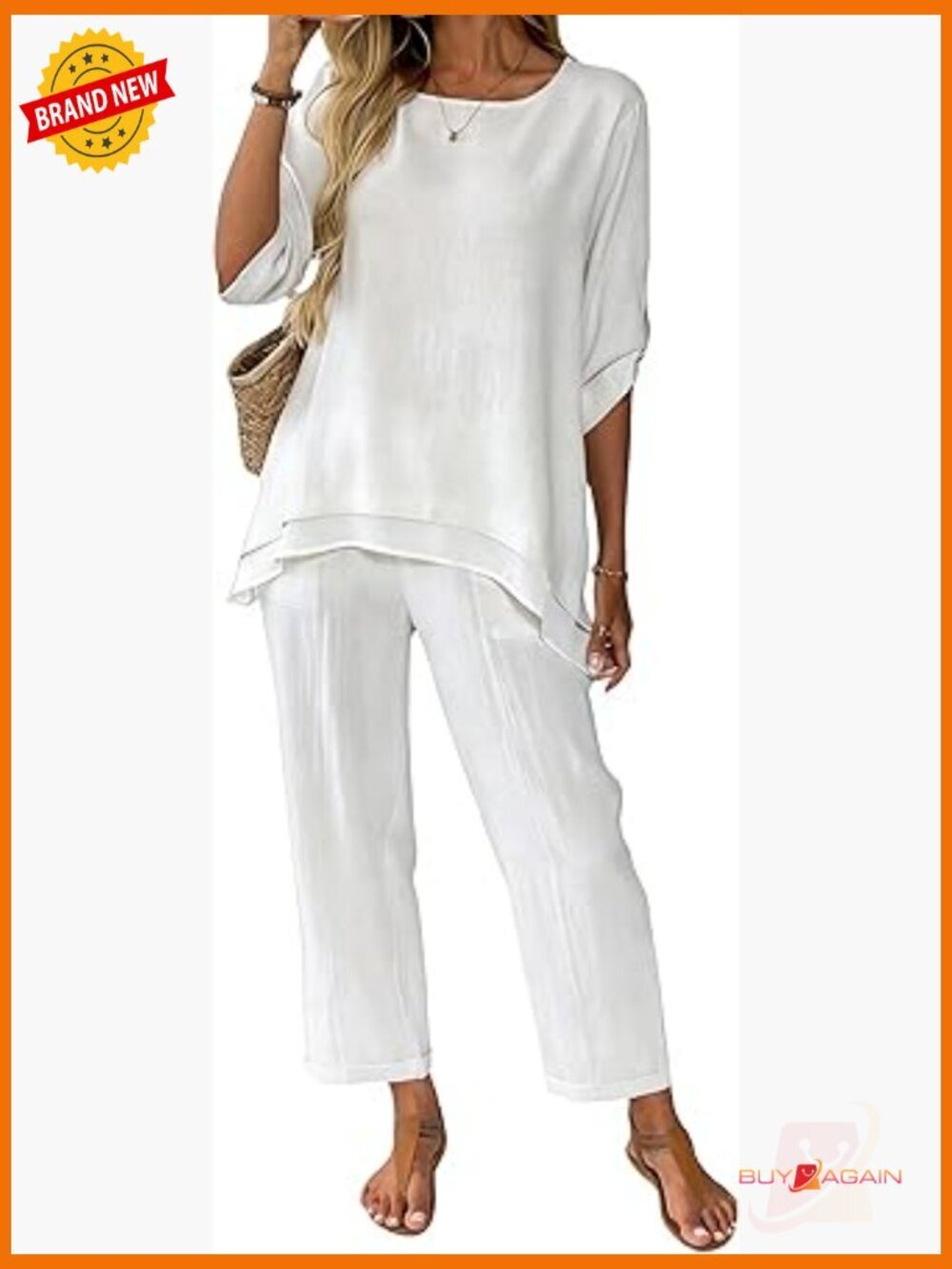 Linen 2 Piece Set 3/4 Sleeve Top Wide Leg Ankle Pants Casual Beach Vacation